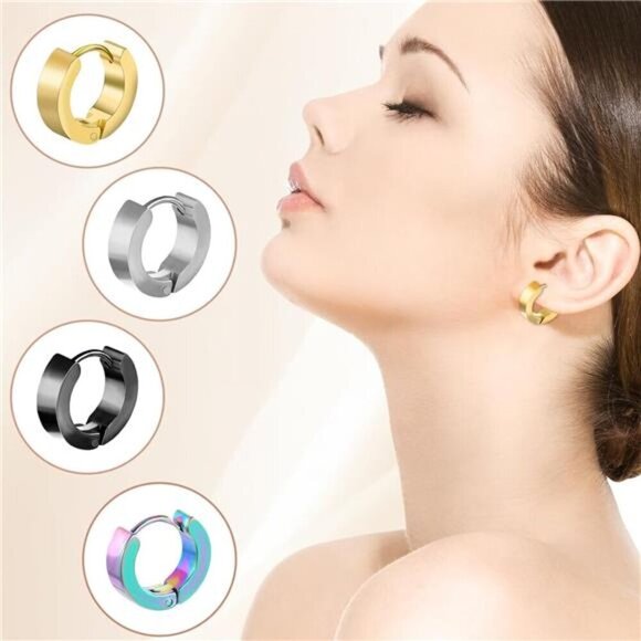 4-Pair Titanium Steel Huggie Hoop Earring Set – Black, Silver, Gold, Oil slick - Picture 4 of 7